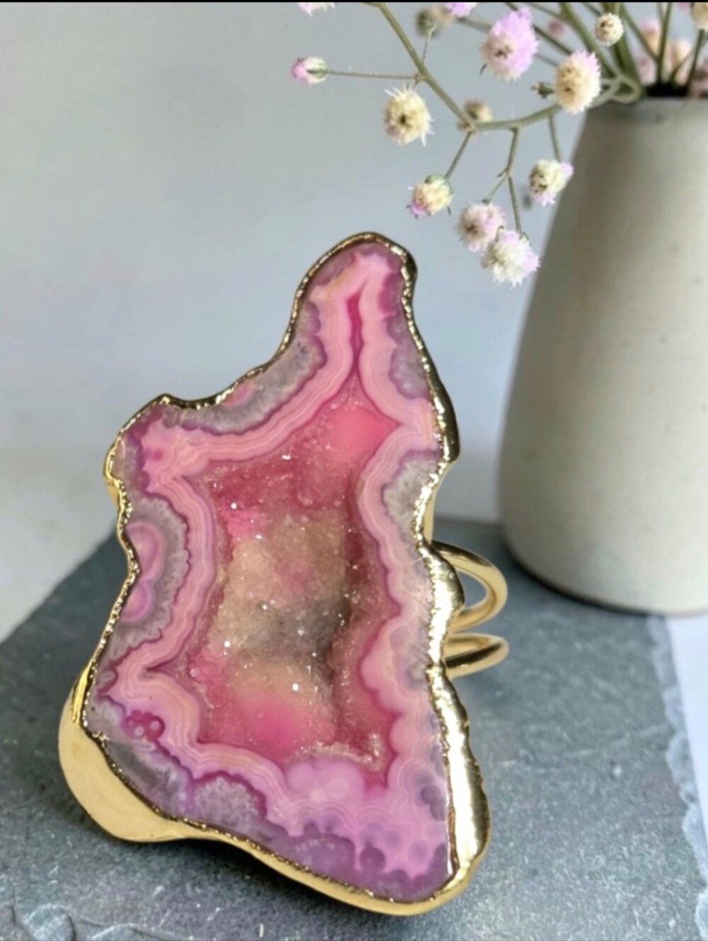 18k Gold Plated Girly Pink Lavender Genuine Sugar Crystal Geode Agate Ring